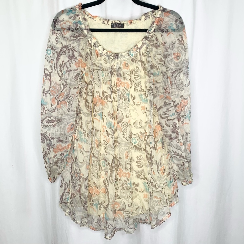 LOLA Made in Italy Pale Yellow Floral Lined 100% Silk Blouse Size Medium - Picture 1 of 7